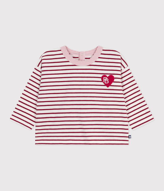 Langærmet t-shirt med røde/lyserøde striber til baby
