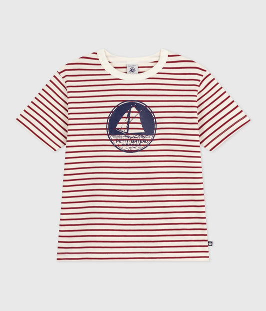 T-shirt i rødstribet bomuld med blåt logo