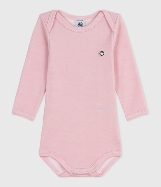 Langærmet uld og bomulds-body - lyserød