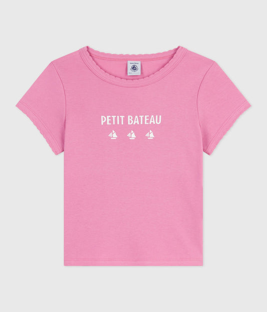 T-shirt i lyserød bomuld med bølgekant og hvidt logo