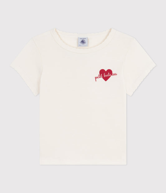 T-shirt i hvid bomuld med rødt hjerte på brystet