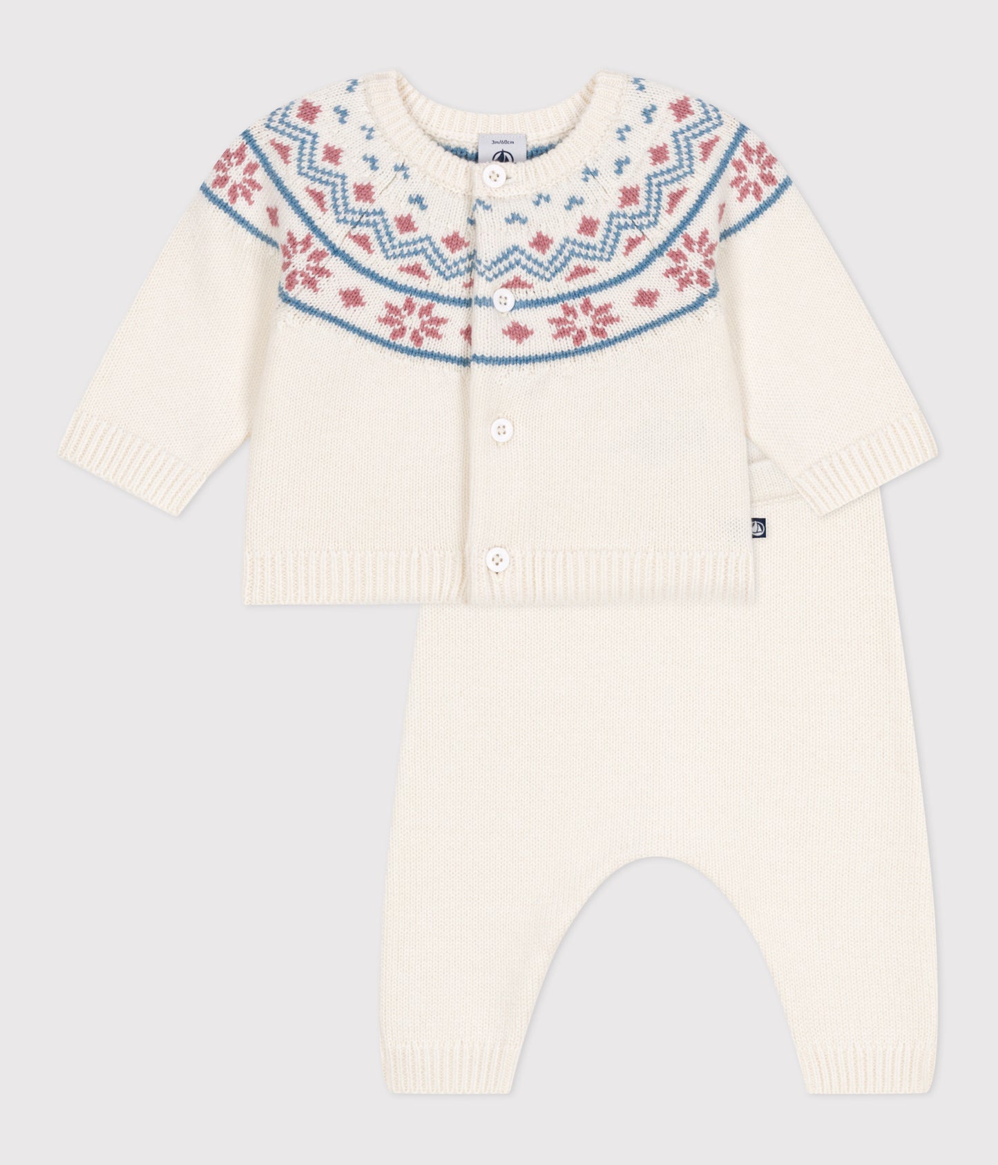 To-delt strikket sæt til baby i hvid med jacquard cardigan