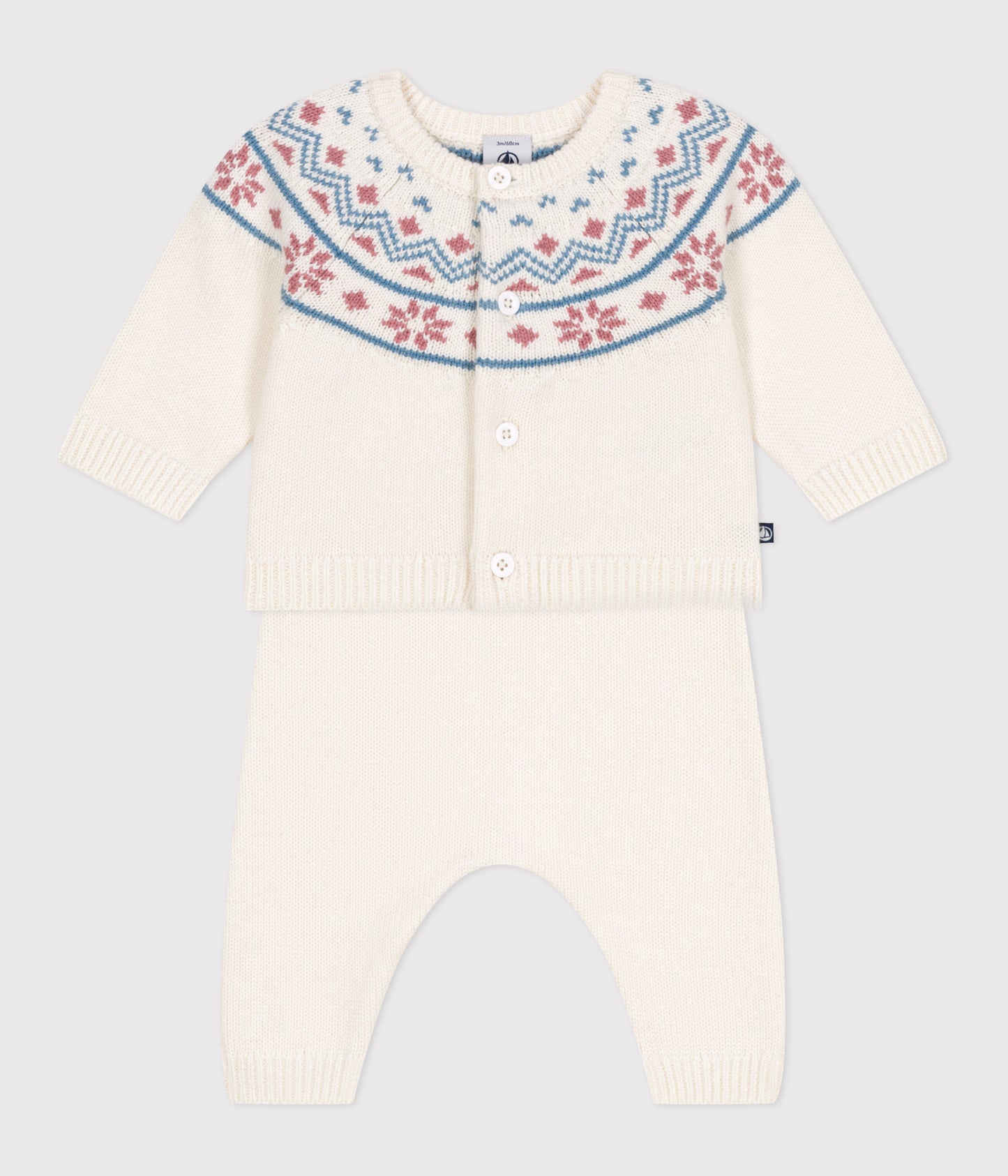 To-delt strikket sæt til baby i hvid med jacquard cardigan