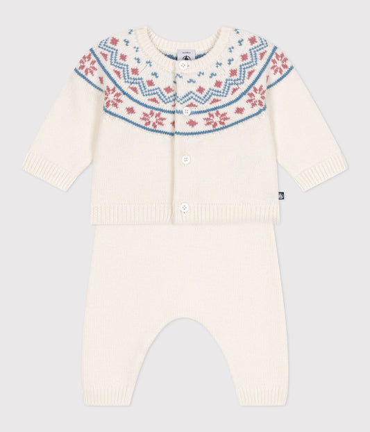 To-delt strikket sæt til baby i hvid med jacquard cardigan