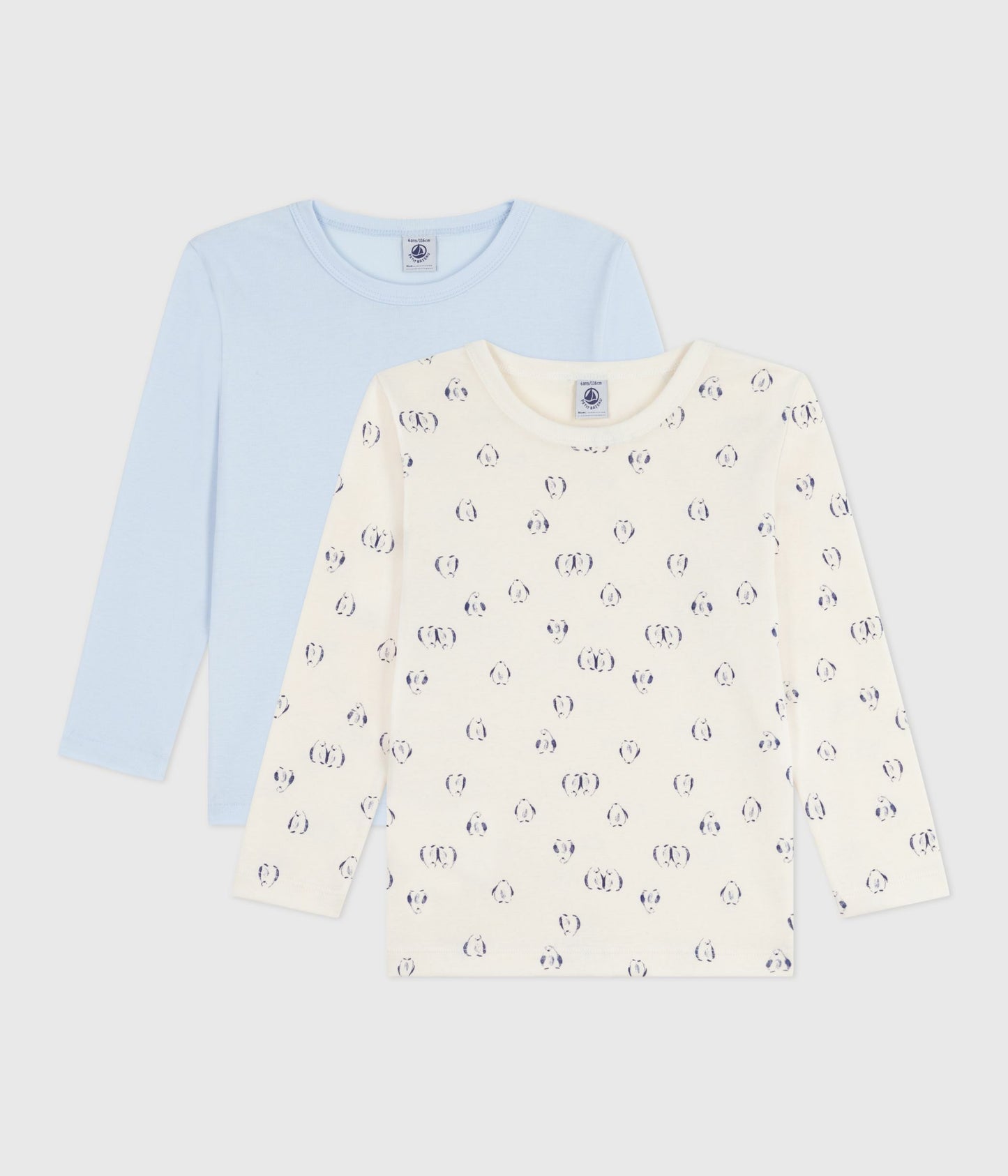 2-pak langærmede t-shirts i bomuld - lyseblå og hvid/pingvin