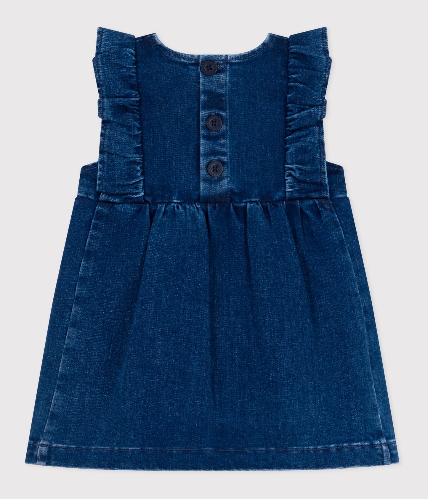 Kjole i mørk denim med flæse til baby