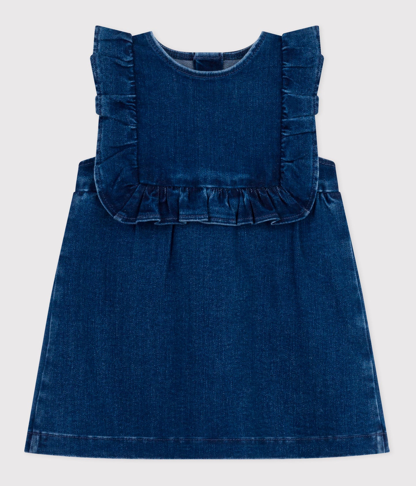 Kjole i mørk denim med flæse til baby
