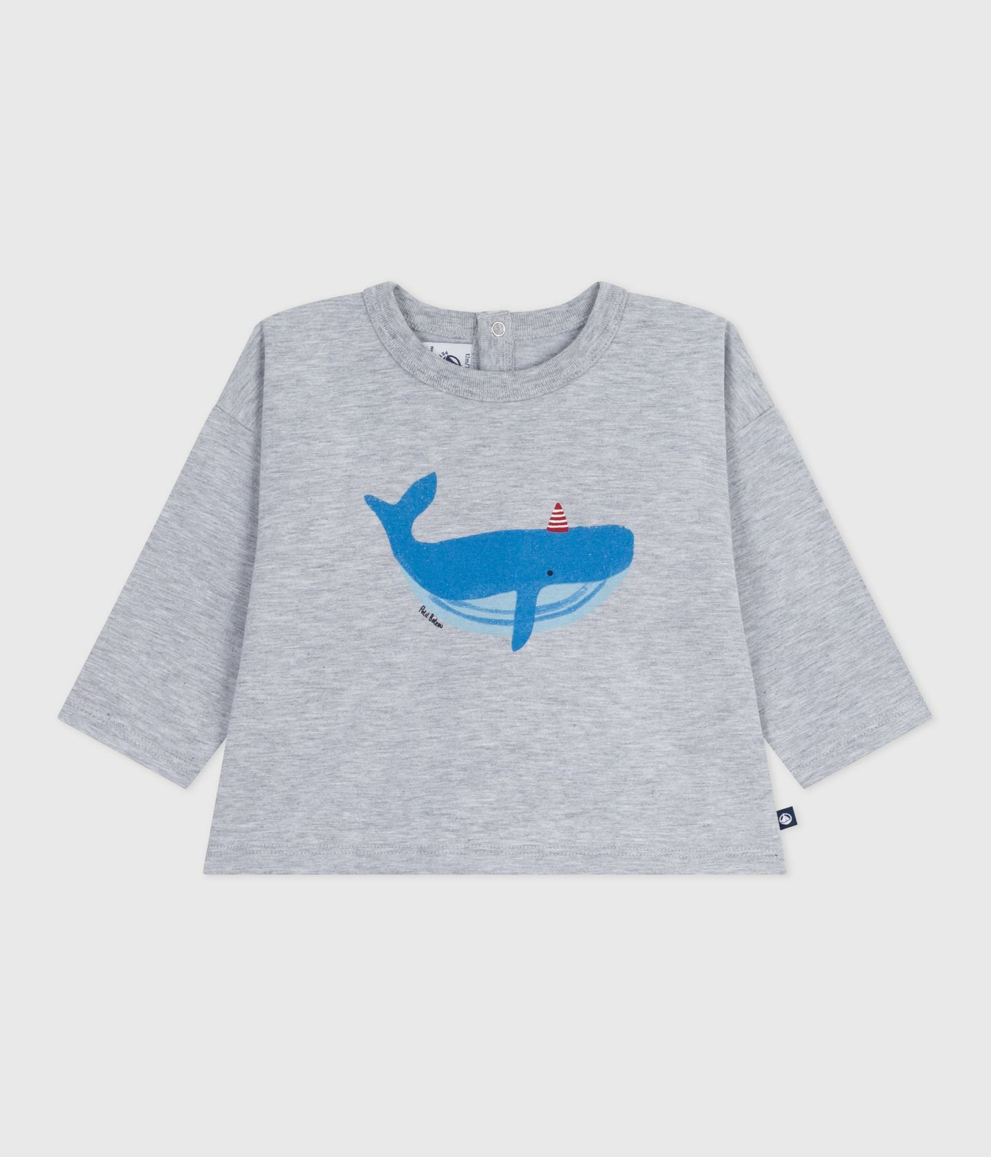 Langærmet t-shirt til baby i grå med blå hval
