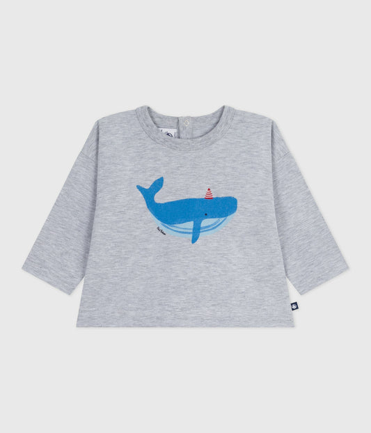 Langærmet t-shirt til baby i grå med blå hval