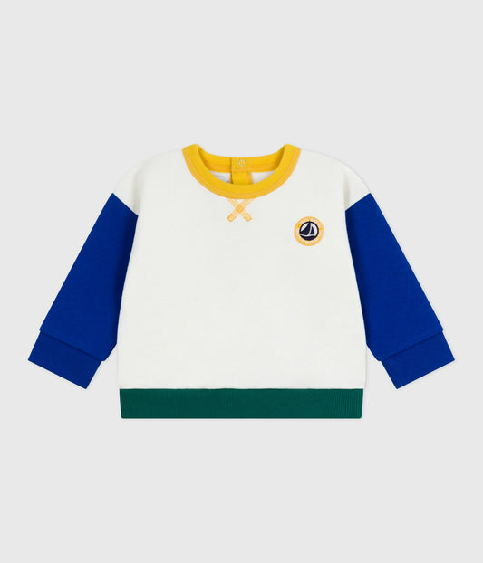 Sweatshirt til baby i hvid med blå ærmer