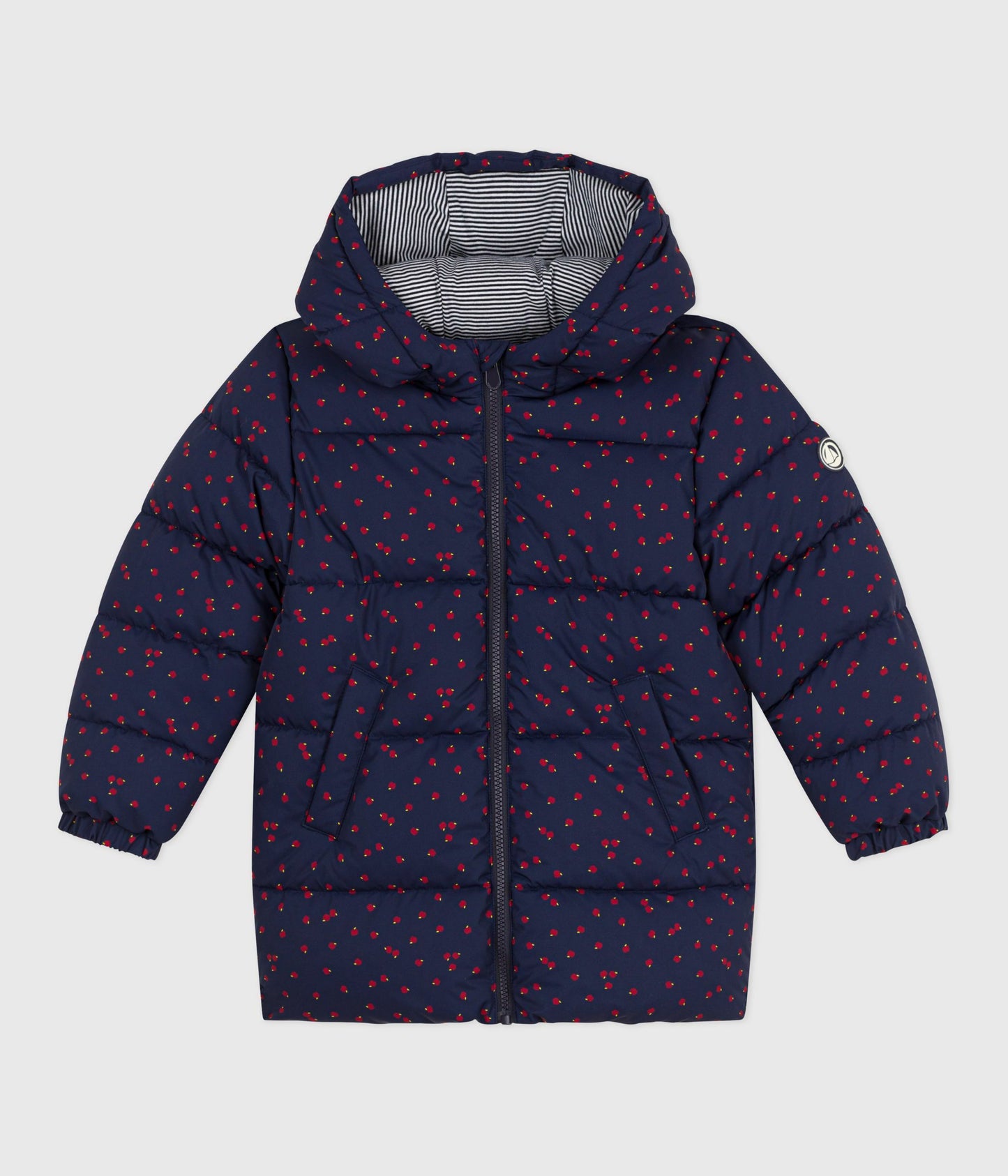 Dunjakke i mørkeblå med æbleprint til børn