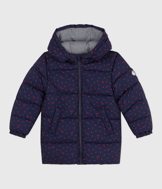Dunjakke i mørkeblå med æbleprint til børn
