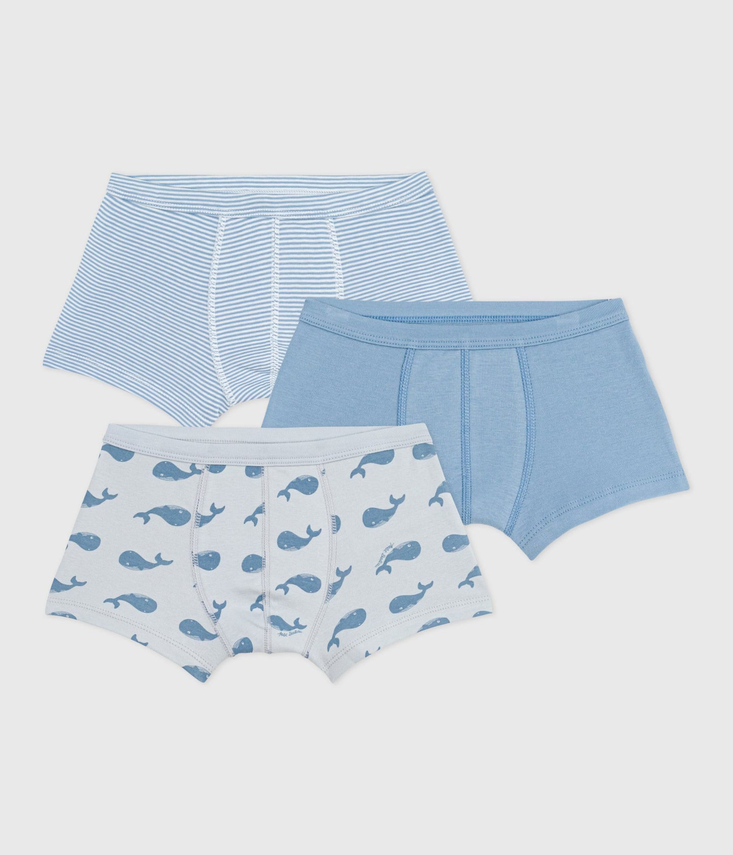 3-pak boxershorts i bomuld lyseblå striber, hvaler og blå