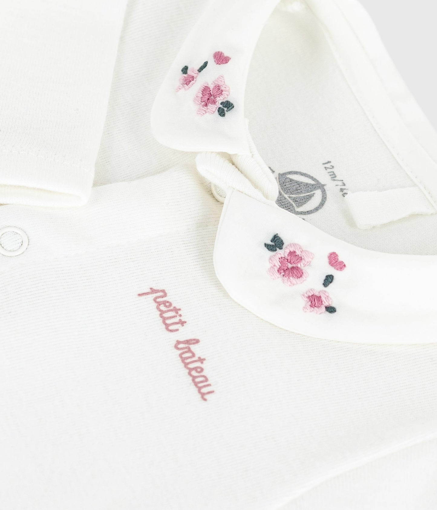 Langærmet body med broderet blomster krave - hvid