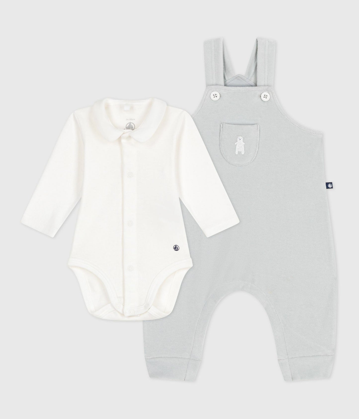 Sæt med grå buksedragt og body til baby