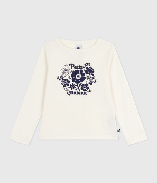 Langærmet t-shirt til piger med blåt blomster motiv