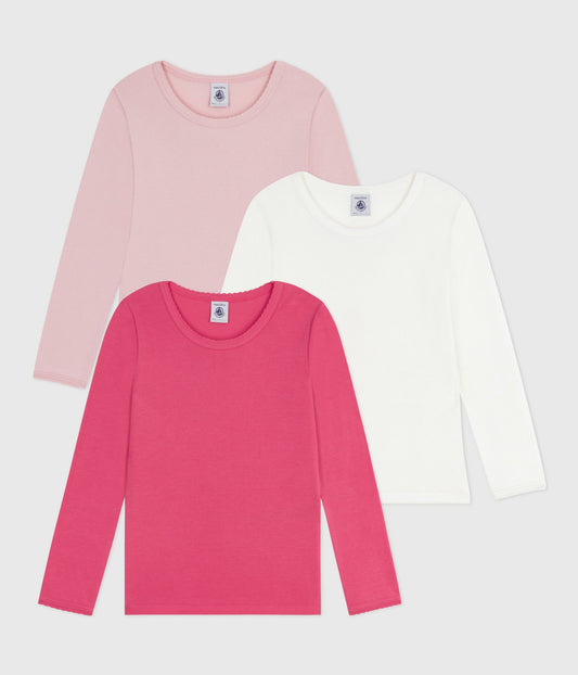 3-pak langærmede t-shirts i bomuld med bølgekant - lyserøde og hvid