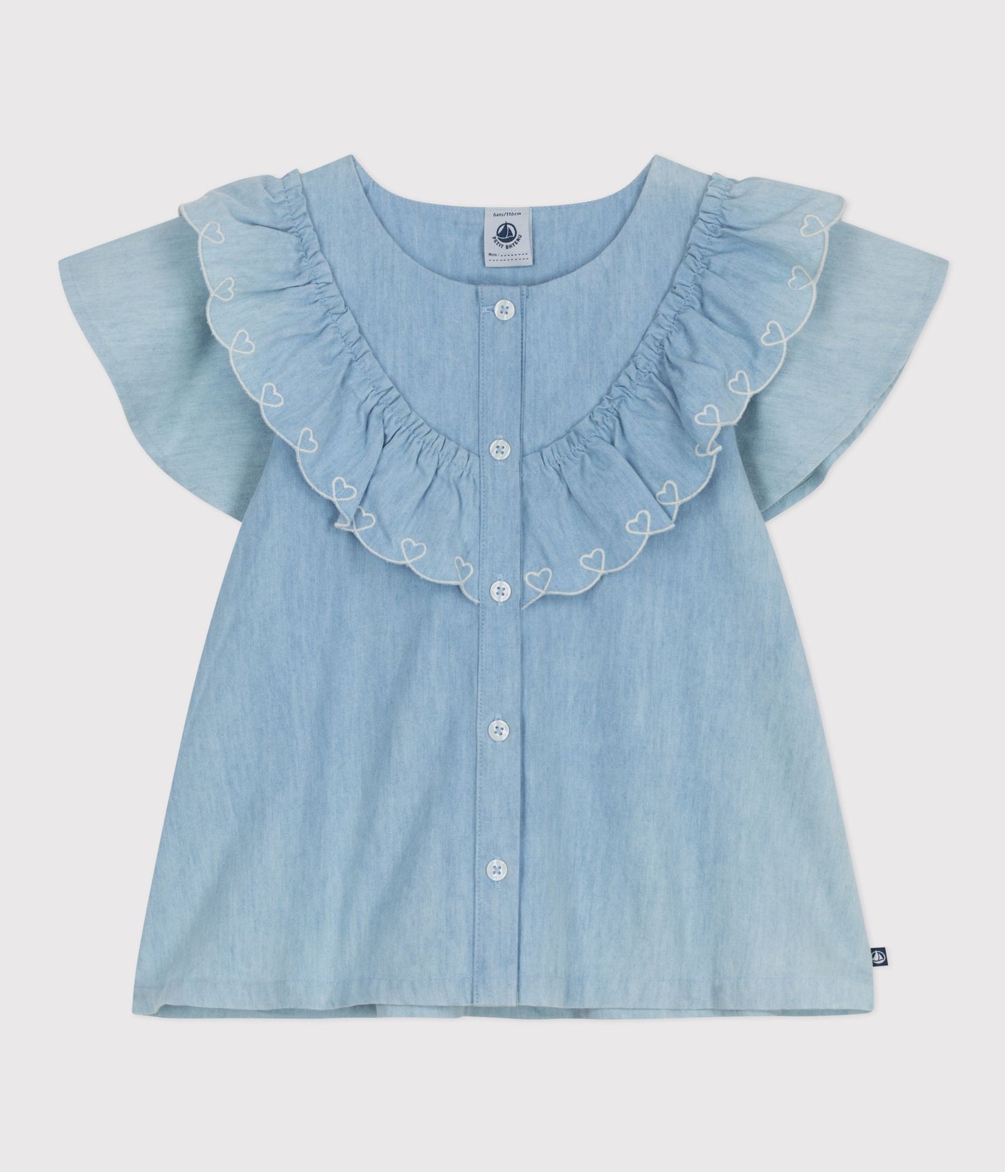Bomuldsbluse i chambray-stof til piger - Bleu clair