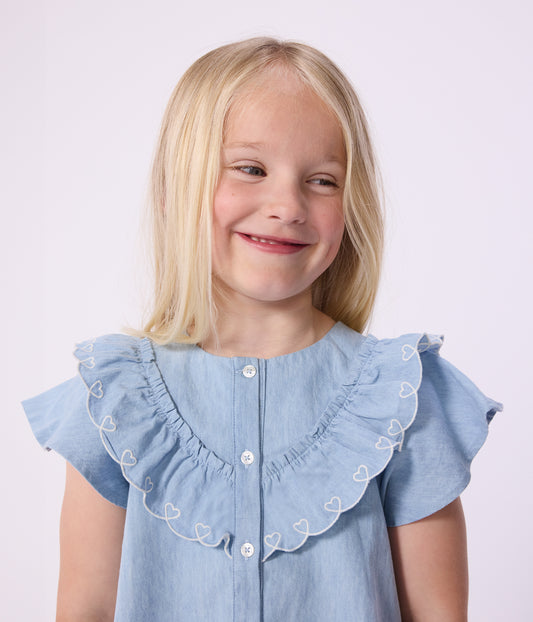 Bomuldsbluse i chambray-stof til piger - Bleu clair
