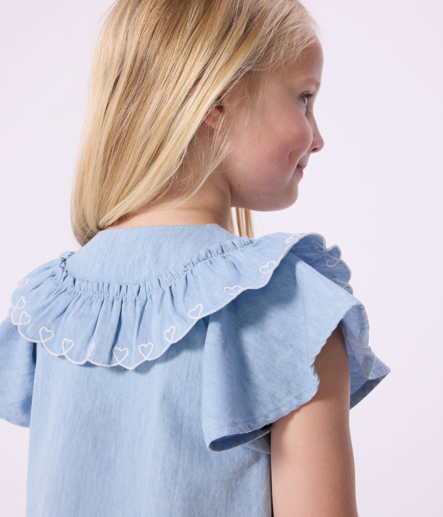 Bomuldsbluse i chambray-stof til piger - Bleu clair