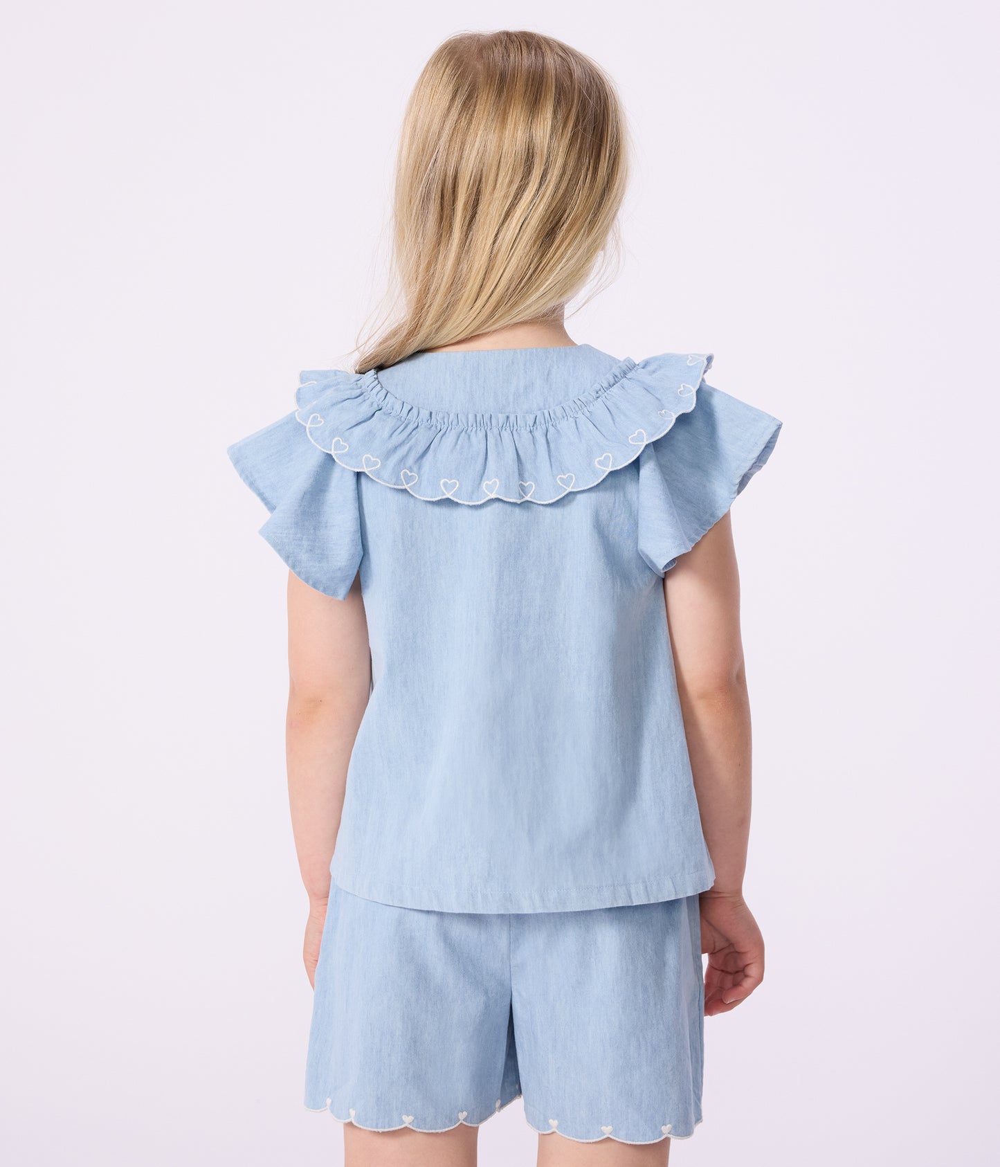 Bomuldsbluse i chambray-stof til piger - Bleu clair
