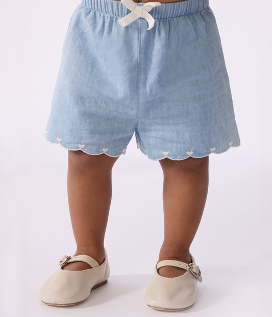 Shorts i broderet chambray-stof til baby - Bleu Clair