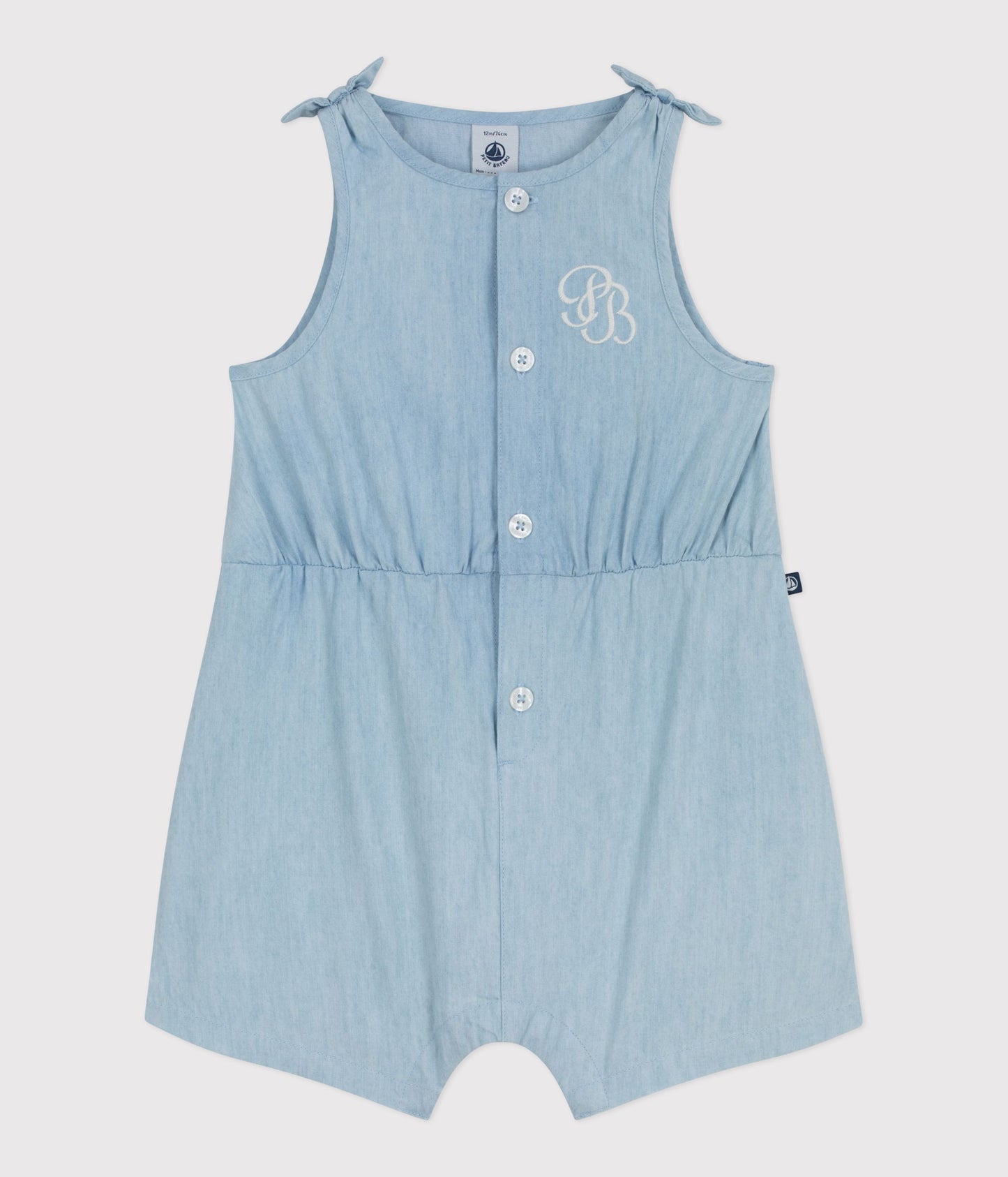 Kort heldragt i chambray-stof til baby - Bleu clair