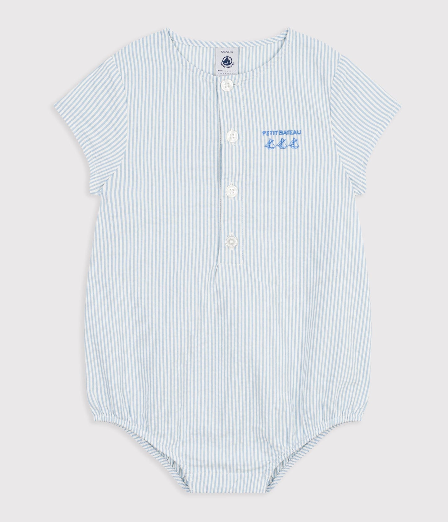 Kort babyjumpsuit i stribet bomuld - Lyseblå