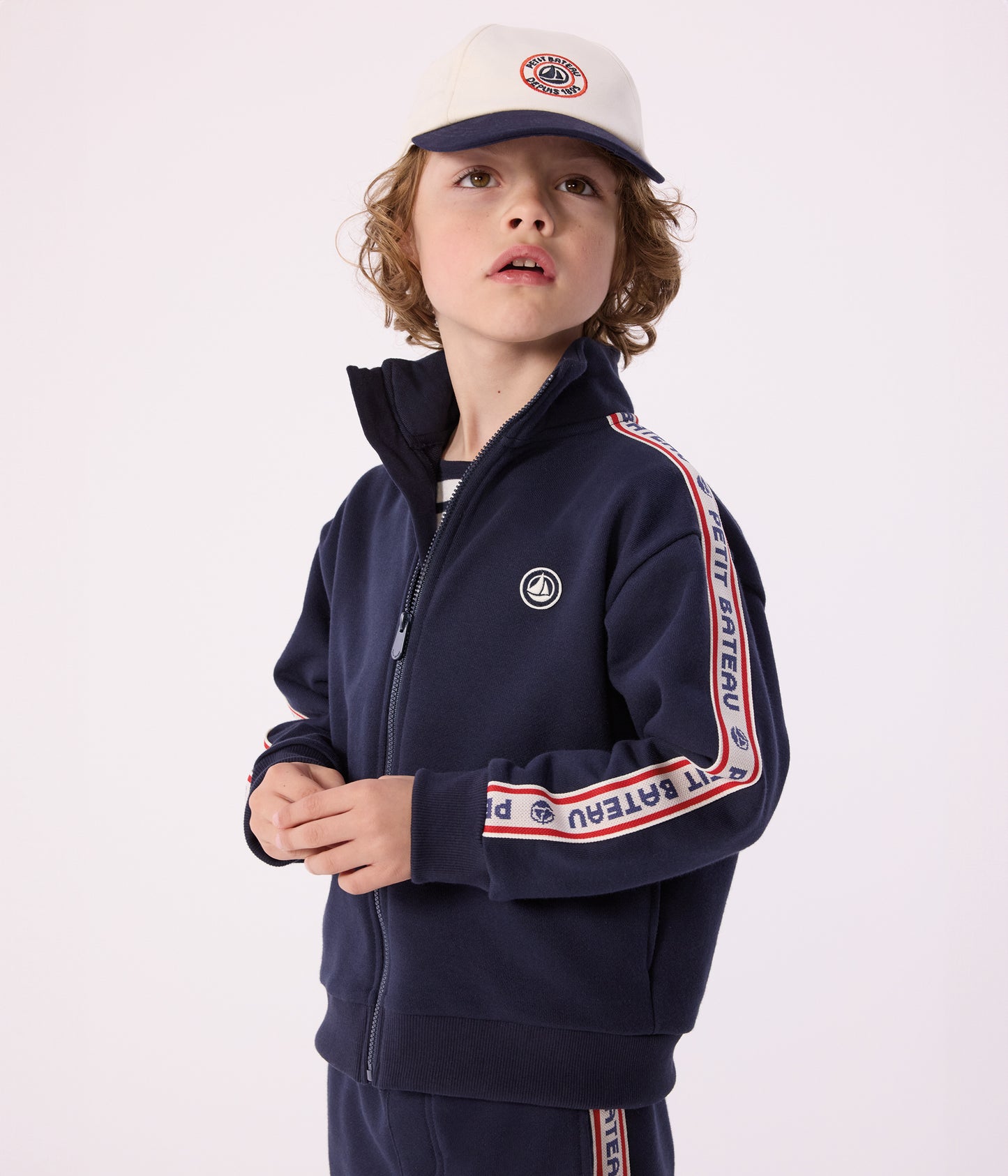 Sweatshirt med lynlås til børn - Mørkeblå med stribe