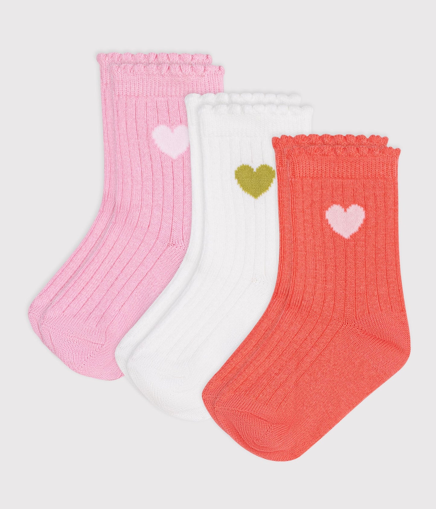 3-pak strømper med broderet hjerte - Lyserød/Koral/Hvid