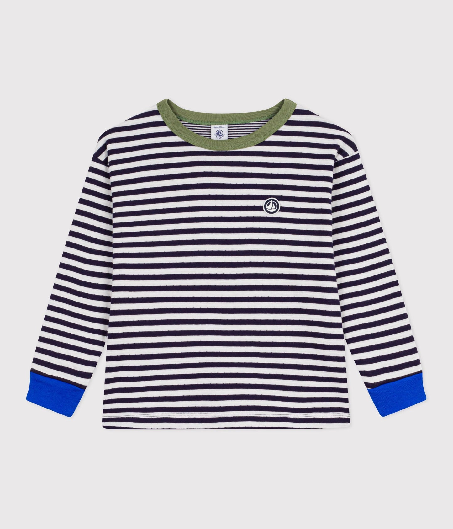 Langærmet stribet bomulds t-shirt med olivengrøn krave