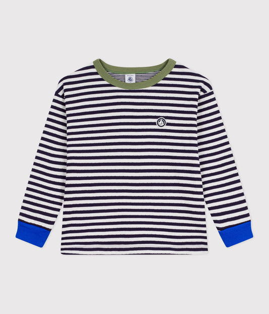 Langærmet stribet bomulds t-shirt med olivengrøn krave