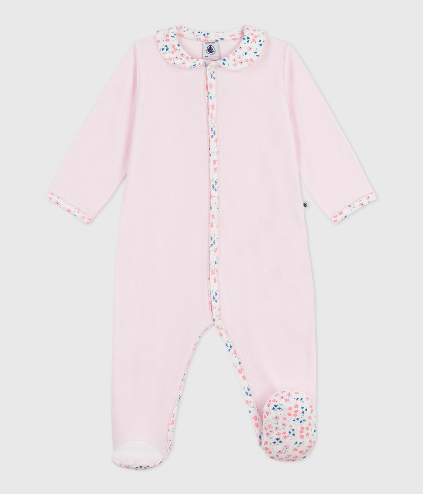 Pyjamas i velour med fødder og blomsterkrave - Ensfarvet sart lyserød/Barely
