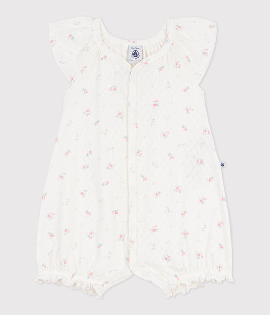 Kort blomstret sparkedragt til baby - pointelle m/blomster