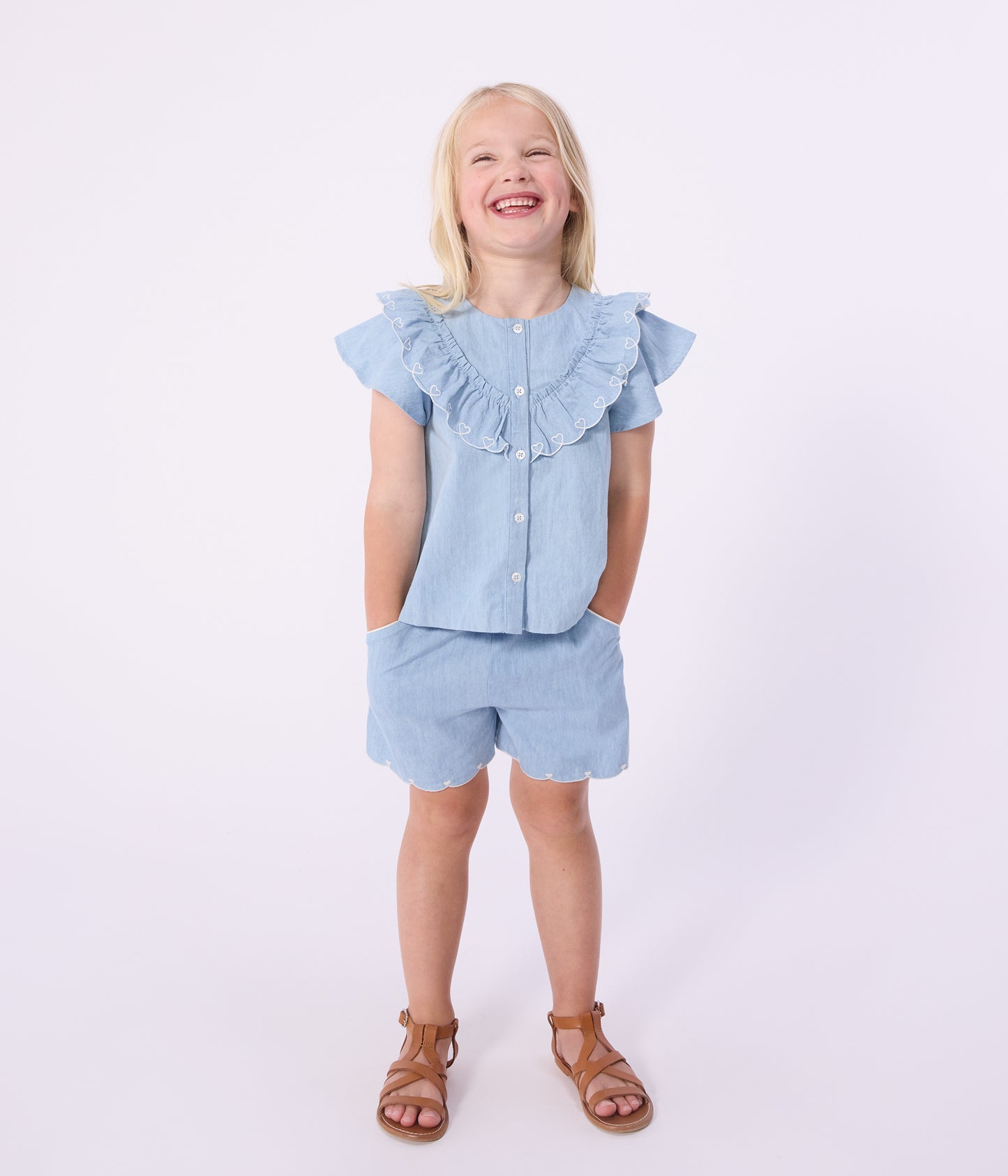 Bomuldsshorts i chambray-stof til piger - Bleu clair