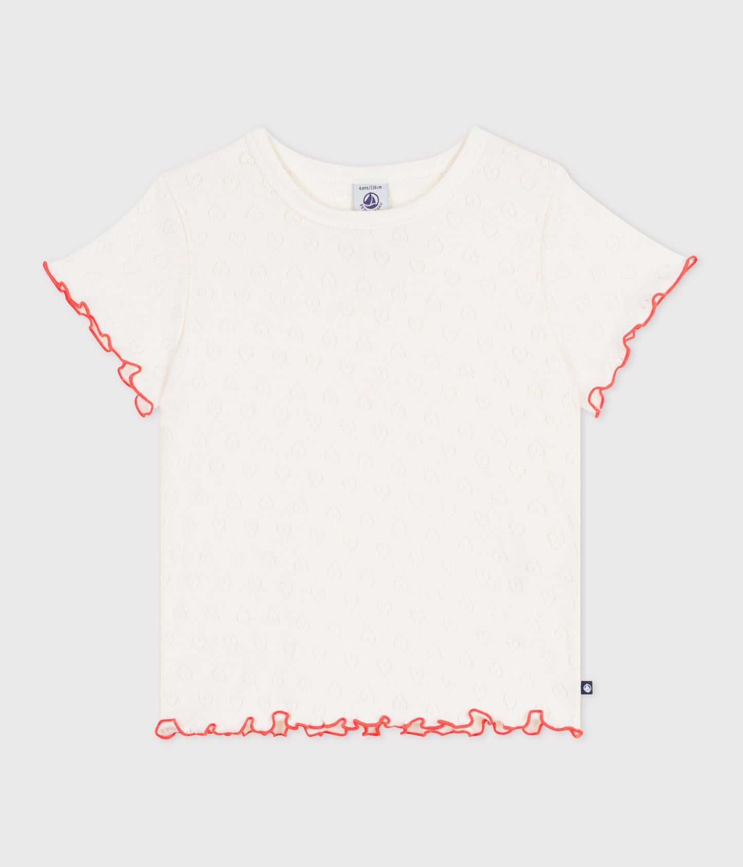 T-shirt med hjerte pointelle - Milk m/rød bølgekant