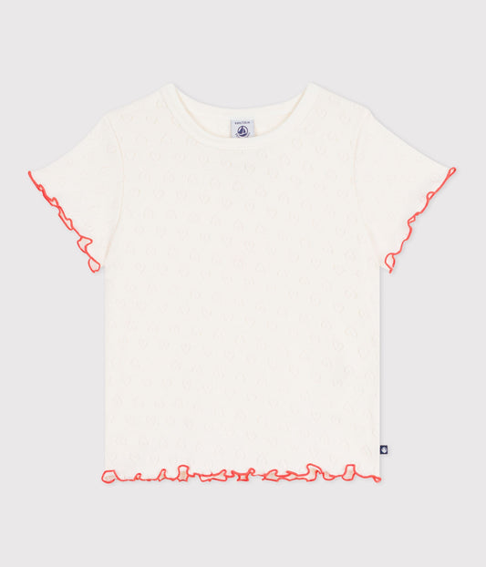 T-shirt med hjerte pointelle - Milk m/rød bølgekant