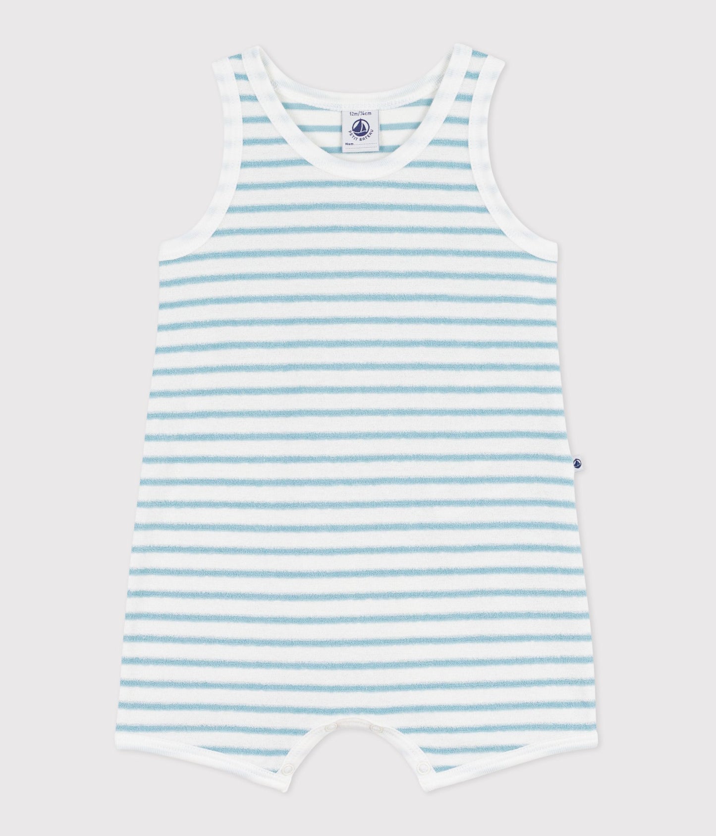 Ærmeløs kort babyjumpsuit i stribet bomuldsfrotté