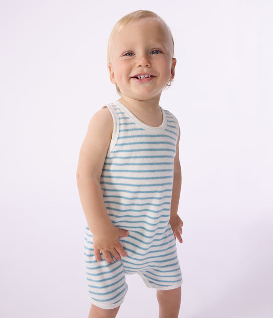 Ærmeløs kort babyjumpsuit i stribet bomuldsfrotté