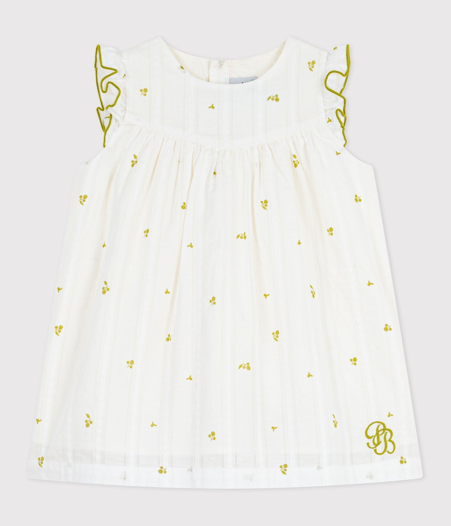 Hvid bomuldskjole til baby med tryk og kant i Olivengrøn