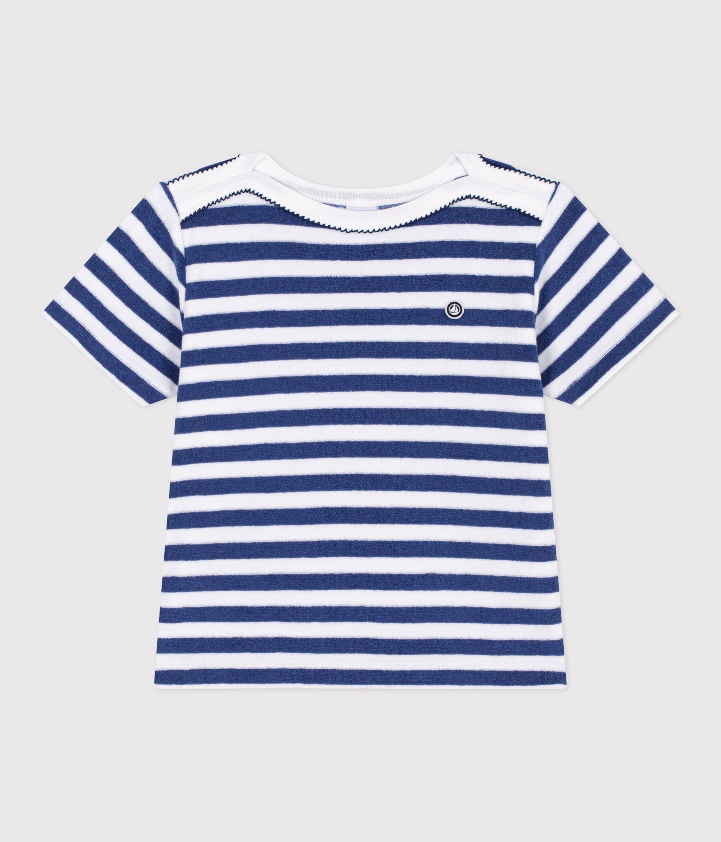 T-shirt i bomuldsfrotté og bådudskæring til piger - Blå striber