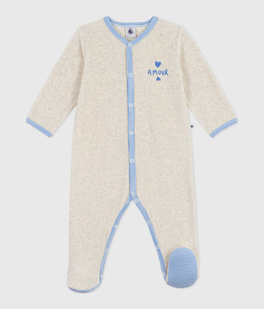Ensfarvet velour-pyjamas i beige/blå strib