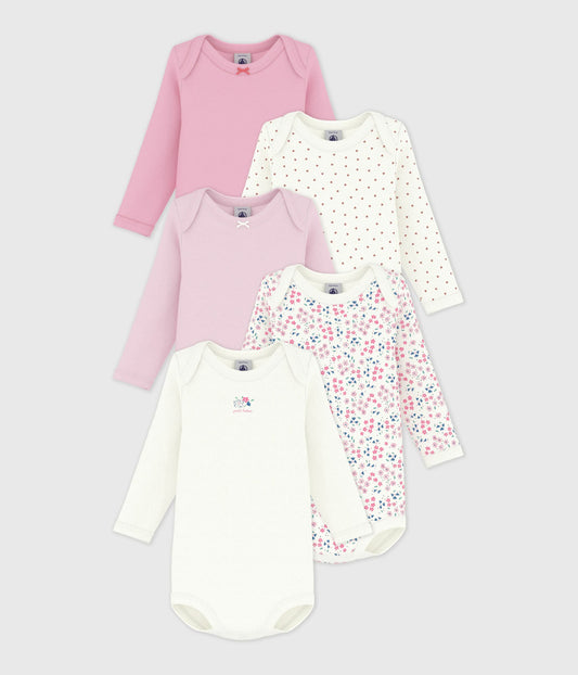 5-pak langærmede body - Ensfarvede/blomster