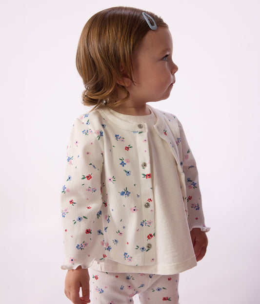 Bomuldscardigan til baby - Hvid med blomsterprint