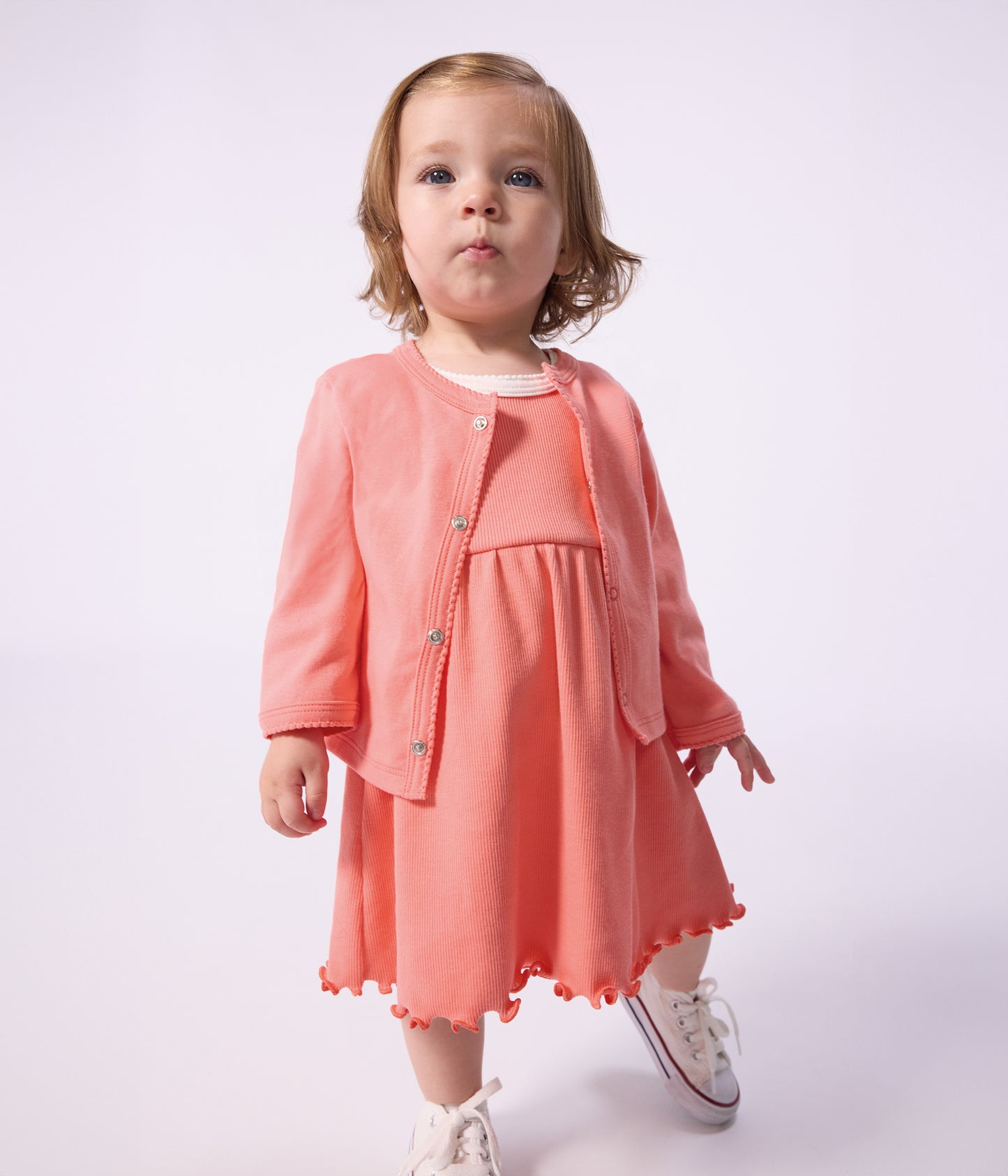 Bomuldscardigan til baby - Lys Koral/Flamand
