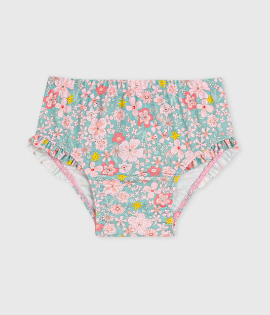 Badebukser med flæser og blomsterprint til baby