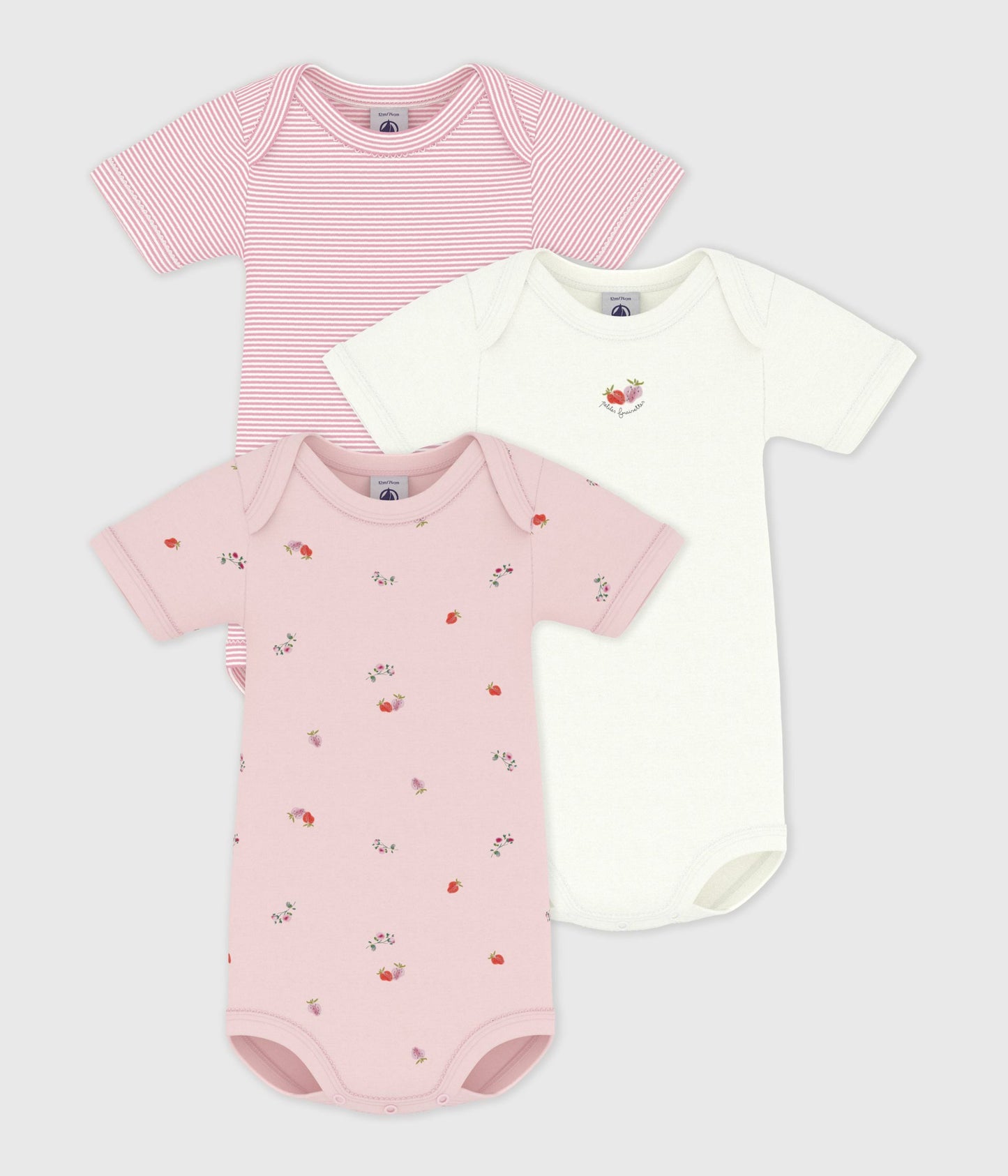 3-pak kortærmede body - Lyserød striber/bærprint