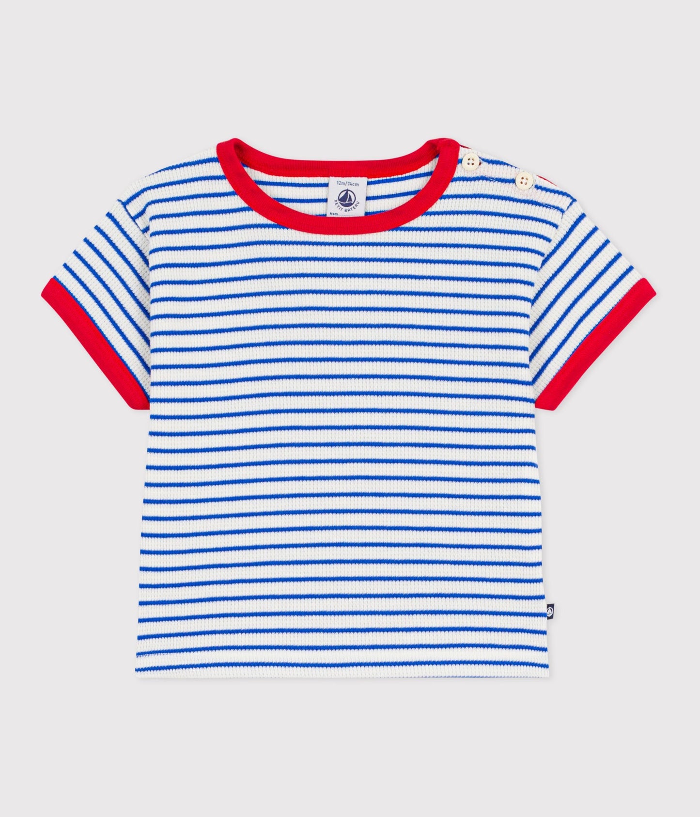 T-shirt til baby - Hvid med blå striber og rød kant