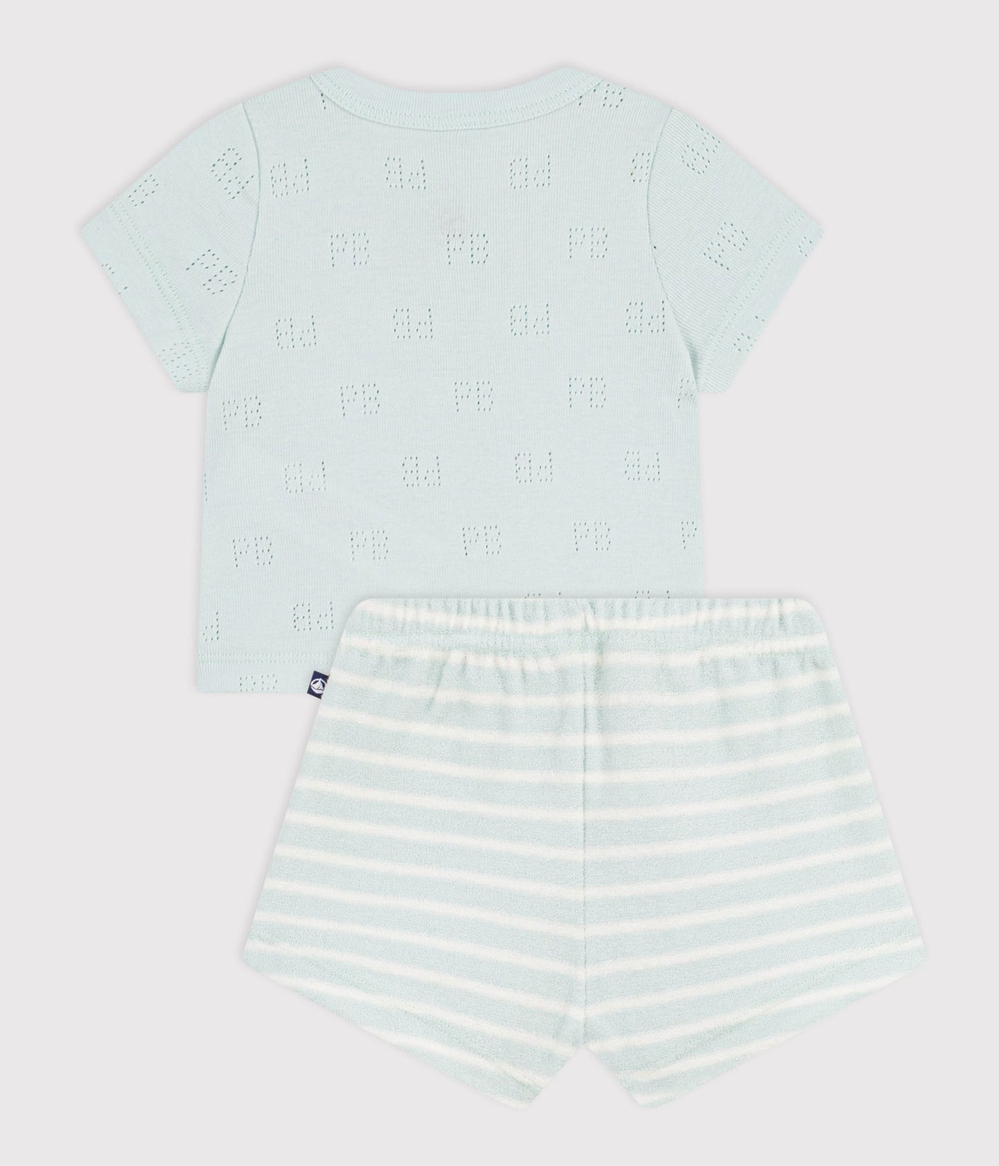 2-delt sæt m/ shorts i bomuldsfrotté/t-shirt med hulmønster