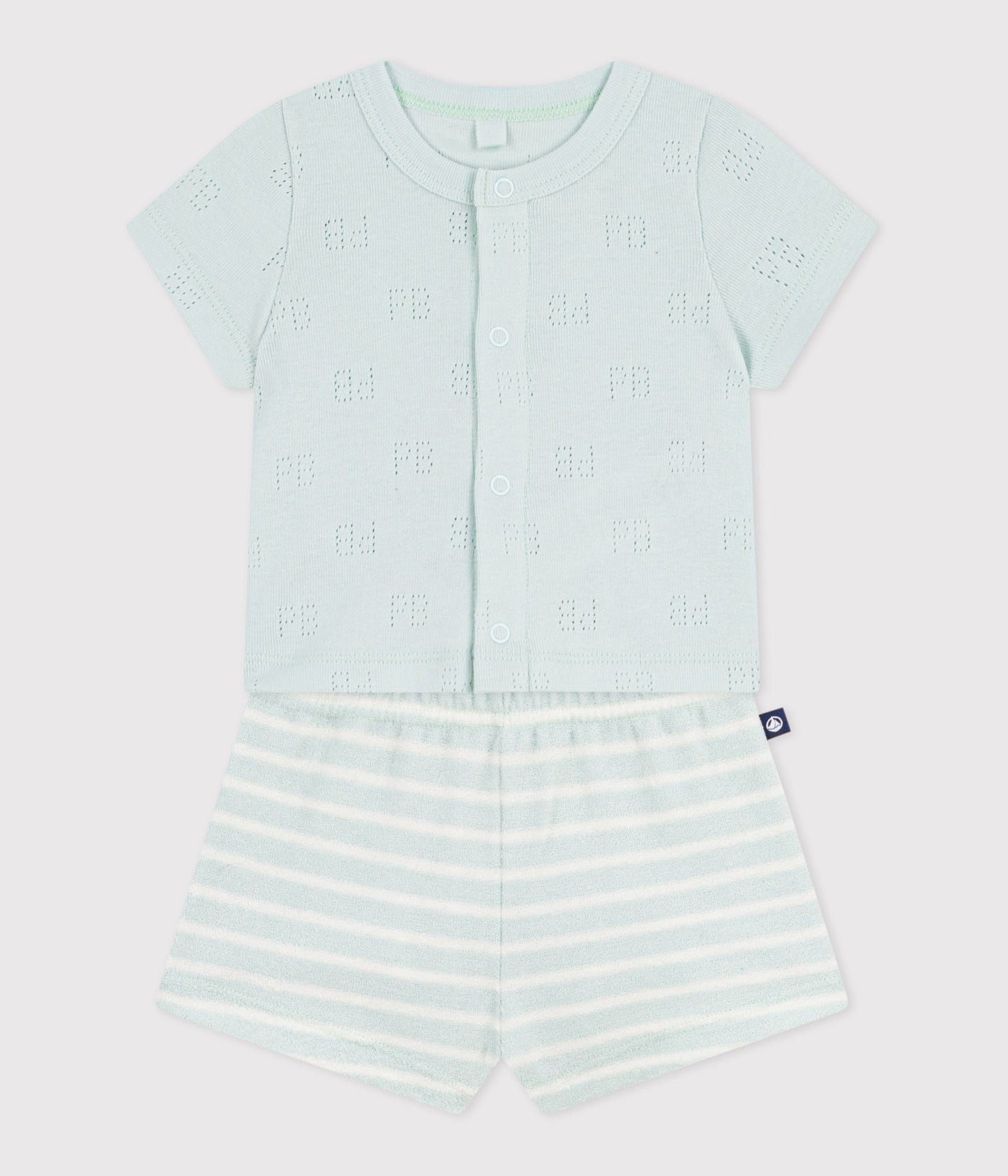 2-delt sæt m/ shorts i bomuldsfrotté/t-shirt med hulmønster